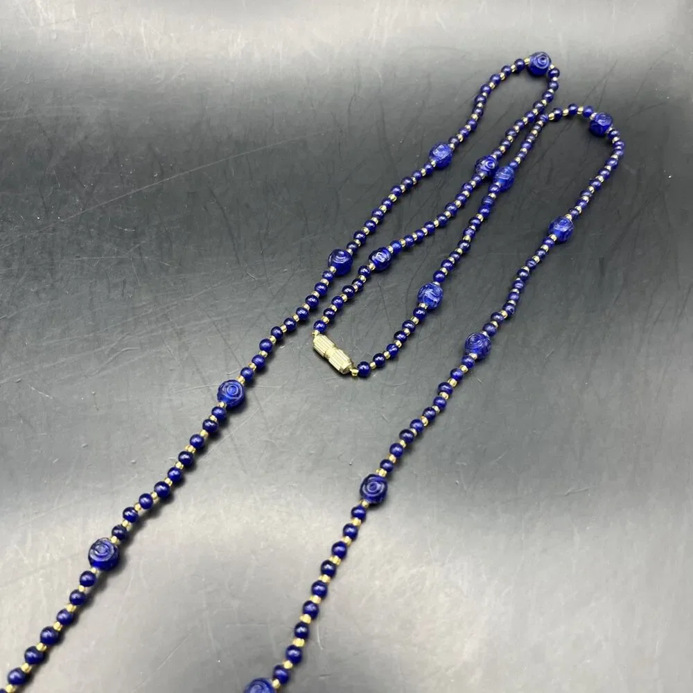 Vintage Extra Long Glass Bead Necklace Small Beads Dark Blue Gold Tone 48 Inch